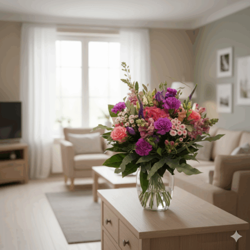 Blumenstrauß Sommerflair in pink und lila im Raum präsentiert