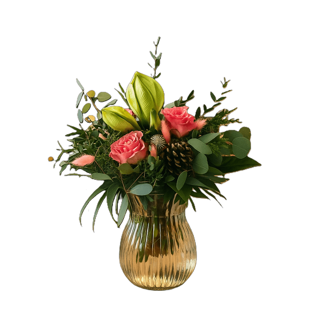 Amaryllus mit Rosen als Weihnachtsstrauß