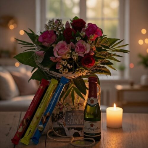 Blumen Strauß Rosen kleiner Charmeure Blumenstrauß in Ambiente und Kerze