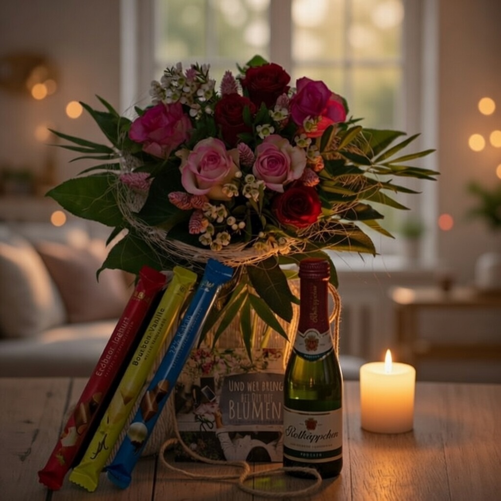 Blumen Strauß Rosen kleiner Charmeure Blumenstrauß in Ambiente und Kerze