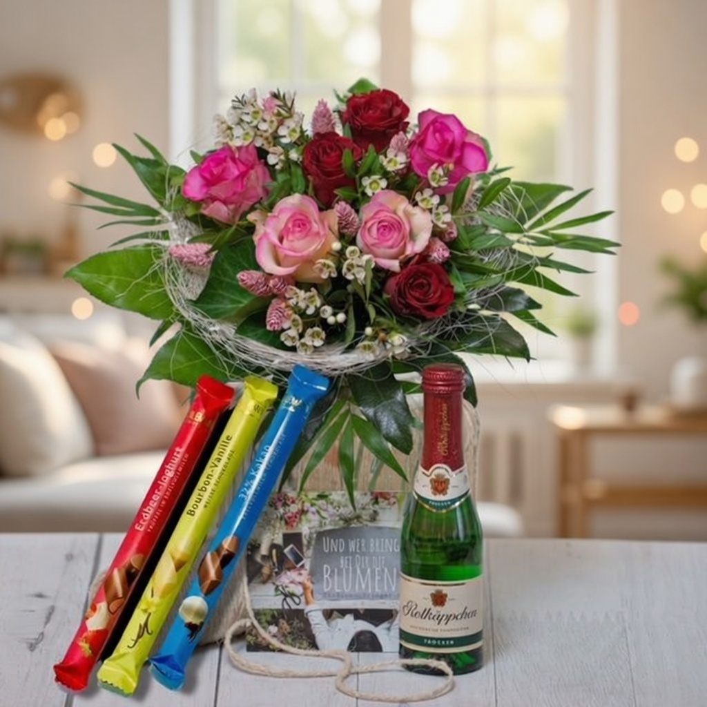 Rosenstrauß kleiner Charmeure Blumenstrauß in Ambiente und Kerze