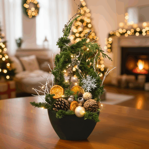 Adventsgesteck Tisch mit LED Lichterkette mit Anthrazit Gefäß quer _hoch in Ambiente