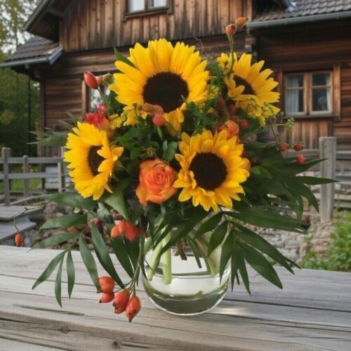 Sonnenblumen Strauß vor einer Holzhütte