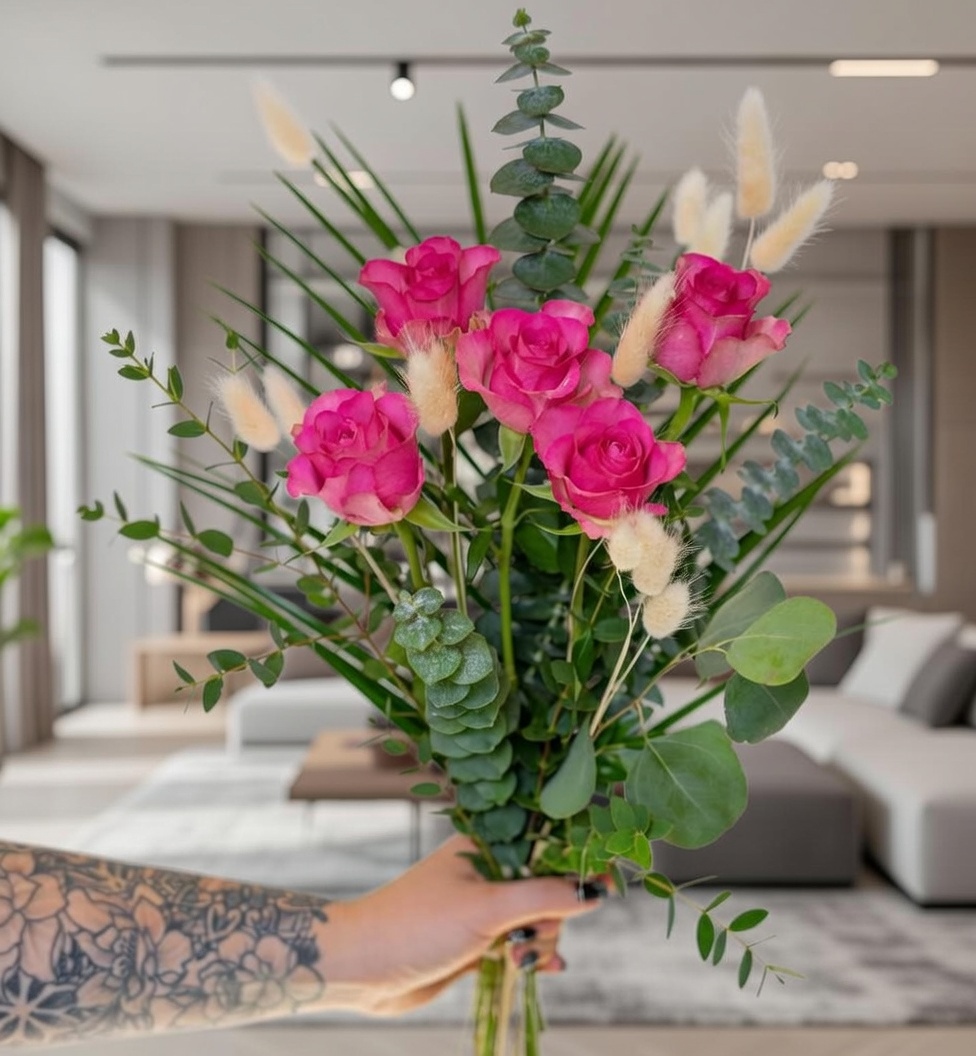 Moderner Genießerstrauß mit rosa Rosen In schönen Ambiente