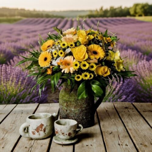 sonnige Grüße vor Lavendelfeld